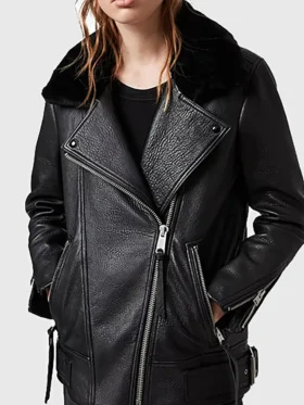 Greenhaw Womens Black Shearling Leather Biker Jacket