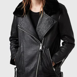 Greenhaw Womens Black Shearling Leather Biker Jacket