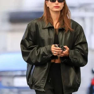 Hailey Bieber Black Oversized Leather Jacket