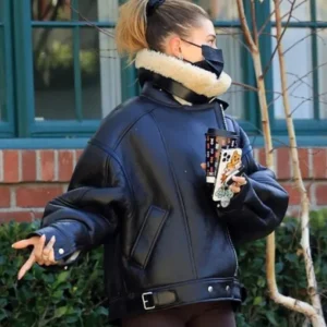 Hailey Bieber Black Shearling Leather Jacket