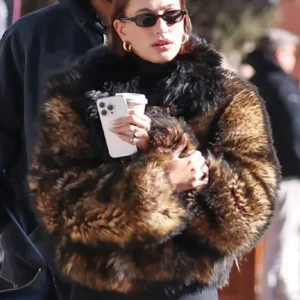 Hailey Bieber Brown Fur Jacket