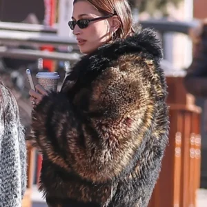 Hailey Bieber Brown Fur Jacket On Sale 