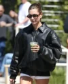 Hailey Bieber Leather Bomber Jacket
