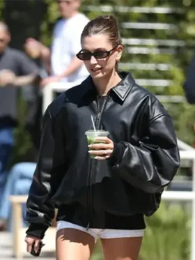 Hailey Bieber Leather Bomber Jacket