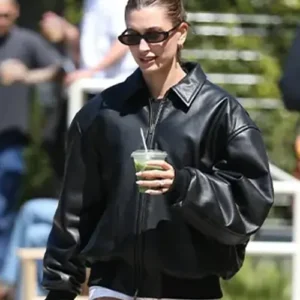 Hailey Bieber Leather Bomber Jacket