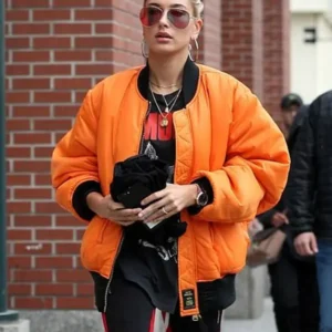 Hailey Bieber Orange Bomber Jacket