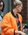 Hailey Bieber Orange Bomber Jacket On Sale 