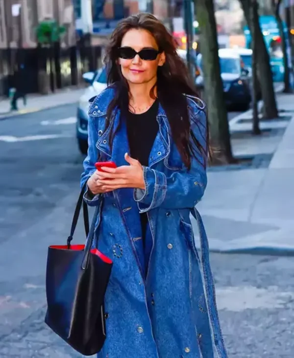 Katie Holmes Denim Studded Blue Leather Trench Coat