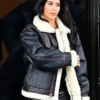 Kim Kardashian Bomber Shearling Leather Jacket For Sale