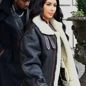 Kim Kardashian Bomber Shearling Leather Jacket For Sale