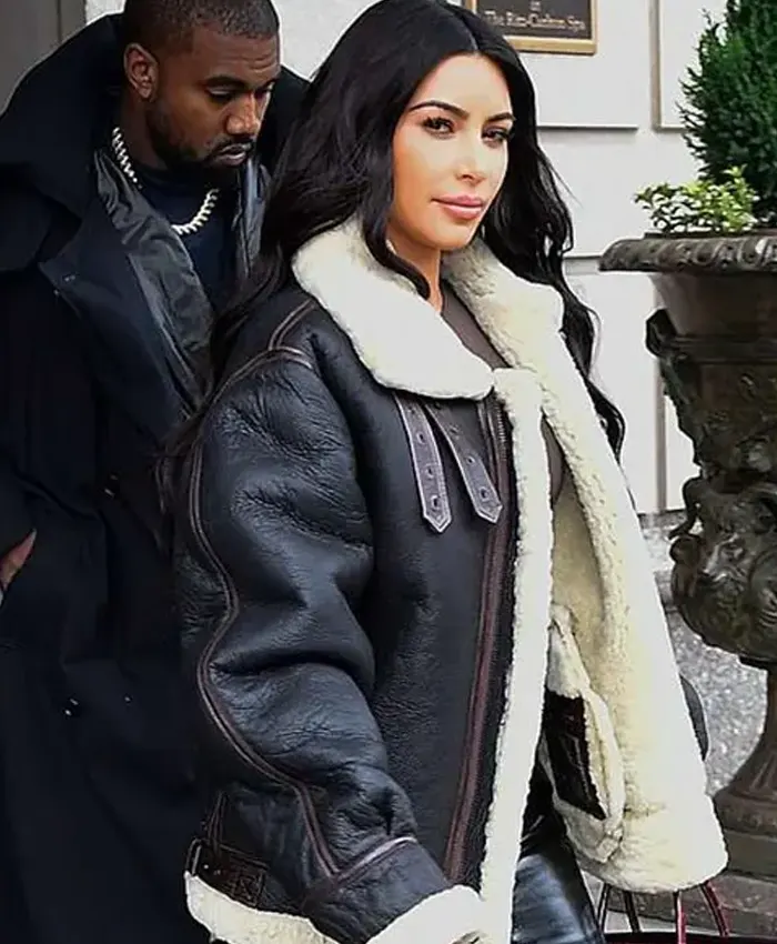 Kim Kardashian Bomber Shearling Leather Jacket For Sale