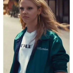 MaXXXine 2024 Mia Goth Green Bomber Jacket side view