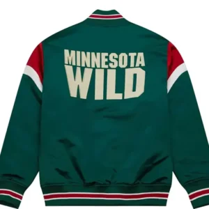 Minnesota Wild Heavyweight Green Satin Varsity Jacket Back