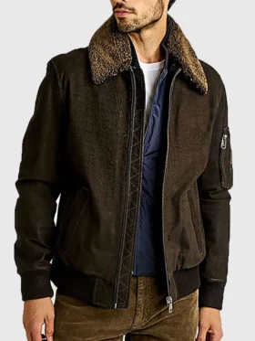 Mitchell Brown MA 1 Shearling Collar Bomber Leather Jacket