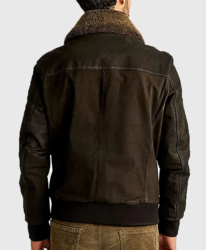Mitchell Brown MA-1 Shearling Collar Bomber Leather Jacket Back