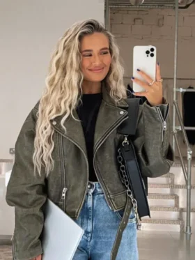 Molly Mae Green Leather Jacket For Sale