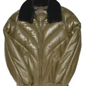 Olive Green Leather V Bomber Jacket