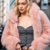 Order Gigi Hadid Hooded Pink Faux Fur Jacket