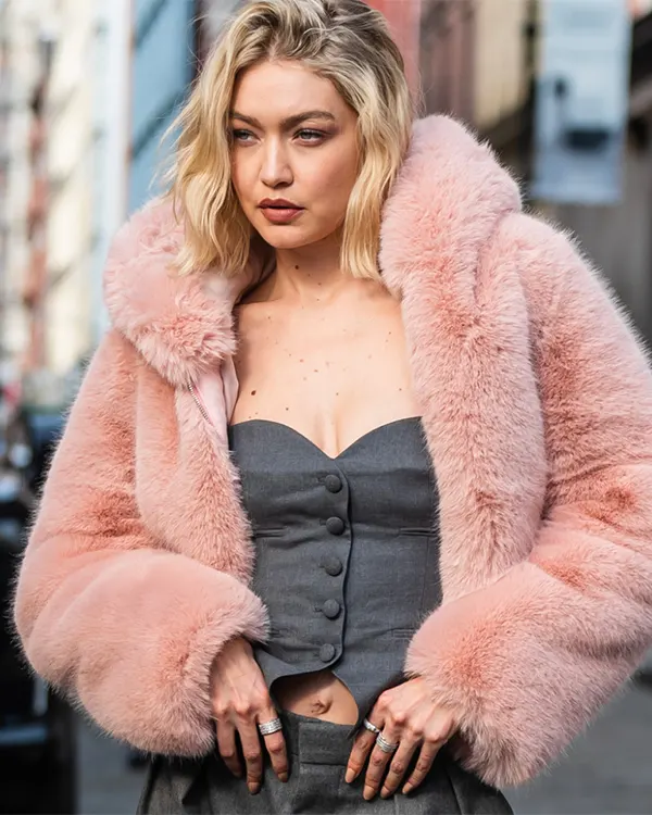 Order Gigi Hadid Hooded Pink Faux Fur Jacket