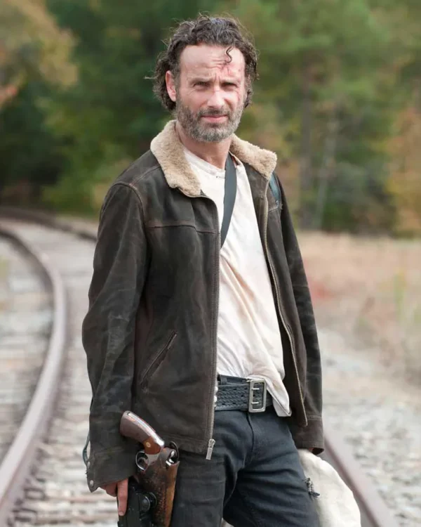 Rick Grimes Fur Shearling Collar Brown Suede Leather Biker Jacket