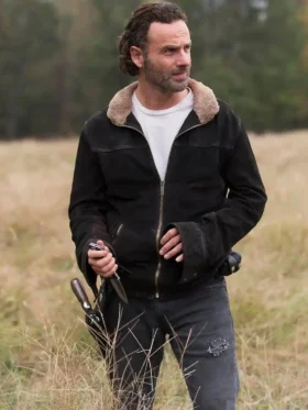 Rick Grimes Murder Fur Shearling Collar Brown Suede Leather Biker Jacket