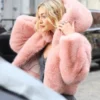 Shop Gigi Hadid Hooded Pink Faux Fur Jacket
