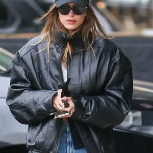 Shop Hailey Bieber Black Leather Jacket