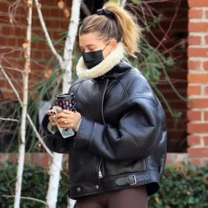 Shop Hailey Bieber Black Shearling Leather Jacket