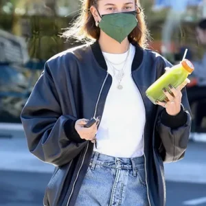 Shop Hailey Bieber Leather Bomber Jacket