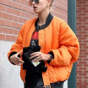 Shop Hailey Bieber Orange Bomber Jacket