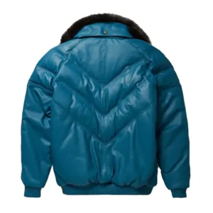 Shop Teal Blue Faux Fur V Bomber Jacket