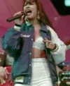 Singer Selena Quintanilla Blue Bomber Jacket clsoeup