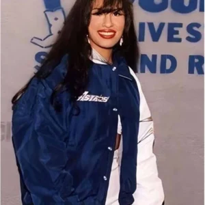 Singer Selena Quintanilla Blue Bomber Jacket left