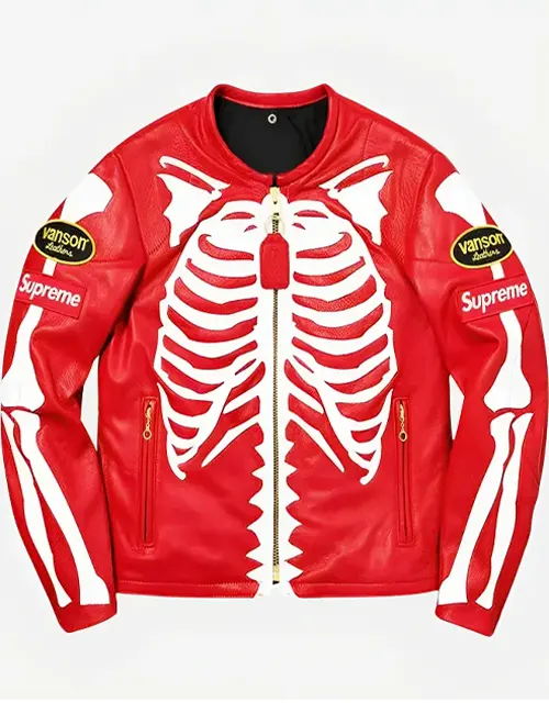 Skeleton Red Supreme Vanson Red Leather Jacket