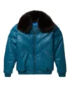 Teal Blue Faux Fur V Bomber Jacket