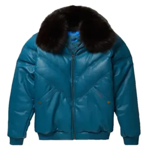 Teal Blue Faux Fur V Bomber Jacket