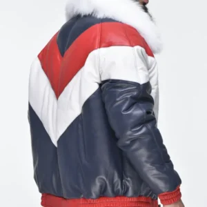 V Bomber Jacket with Detachable White Faux Collar On Sale