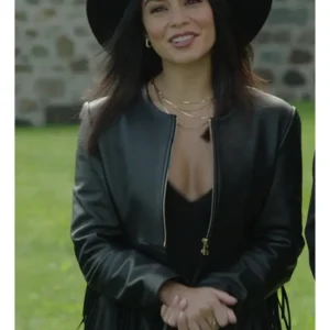 Vanessa Hudgens French Girl 2024 Black Leather Jacket front
