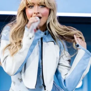 Buy Coachella 2024 Sabrina Carpenter Cropped Blue And White Leather Jacket For Sale