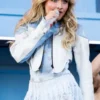 Buy Coachella 2024 Sabrina Carpenter Cropped Blue And White Leather Jacket For Sale Men And Women