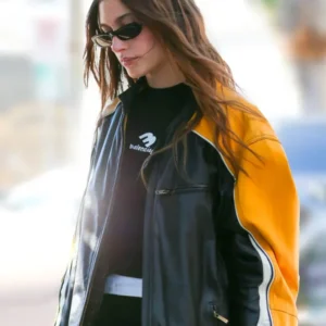 Buy Hailey Bieber Oversized Black and Yellow Leather Jacket