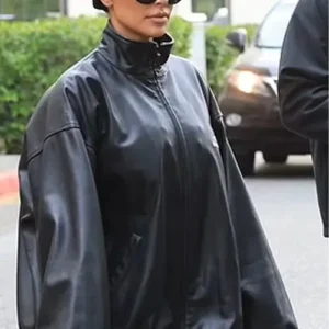 Buy Men And Women Kim Kardashian Balenciaga Black Bomber Leather Jacket For Sale