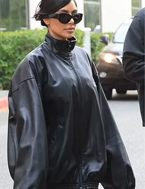 Buy Men And Women Kim Kardashian Balenciaga Black Bomber Leather Jacket For Sale 
