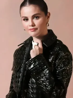 Buy Selena Gomez Houndstooth Pattern Black Leather Jacket