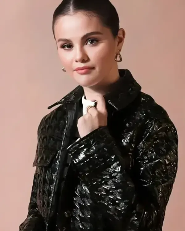 Buy Selena Gomez Houndstooth-Pattern Black Leather Jacket