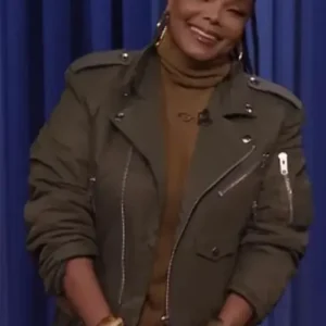 Buy The Tonight Show Starring Jimmy Fallon 2024 Janet Jackson Green Biker Jacket For Sale Men And Women