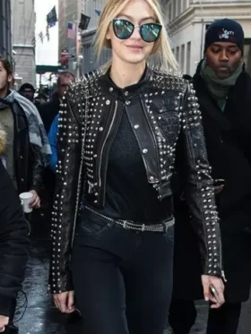 Gigi Hadid Black Studded Real Leather Jacket