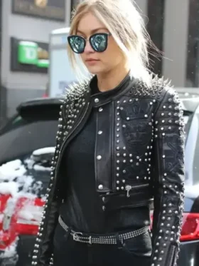 Gigi Hadid Black Studded Real Leather Jacket On Sale 