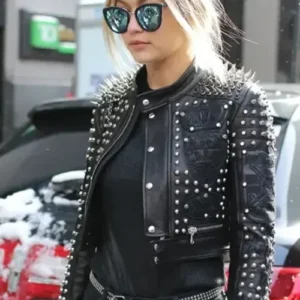 Gigi Hadid Black Studded Real Leather Jacket On Sale