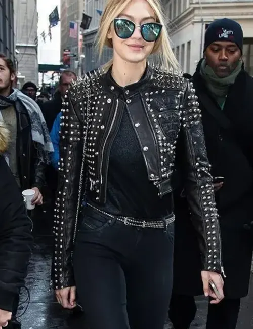 Gigi Hadid Black Studded Real Leather Jacket
